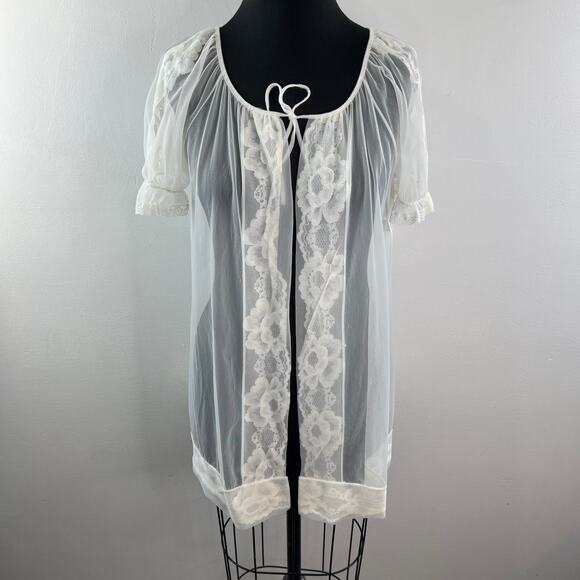 Vintage Movie Star White Sleep Robe Sheer Floral Lace Scoop Neck Tie Sz S Small - Picture 2 of 12